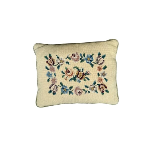 Vtg Wool Needlepoint Floral Throw Pillow Velvet  granny French country cottage - Picture 1 of 10